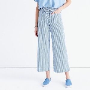 Madewell Blue Lace-up Wide Leg Cropped Pants Poppy Stripe Size 8
